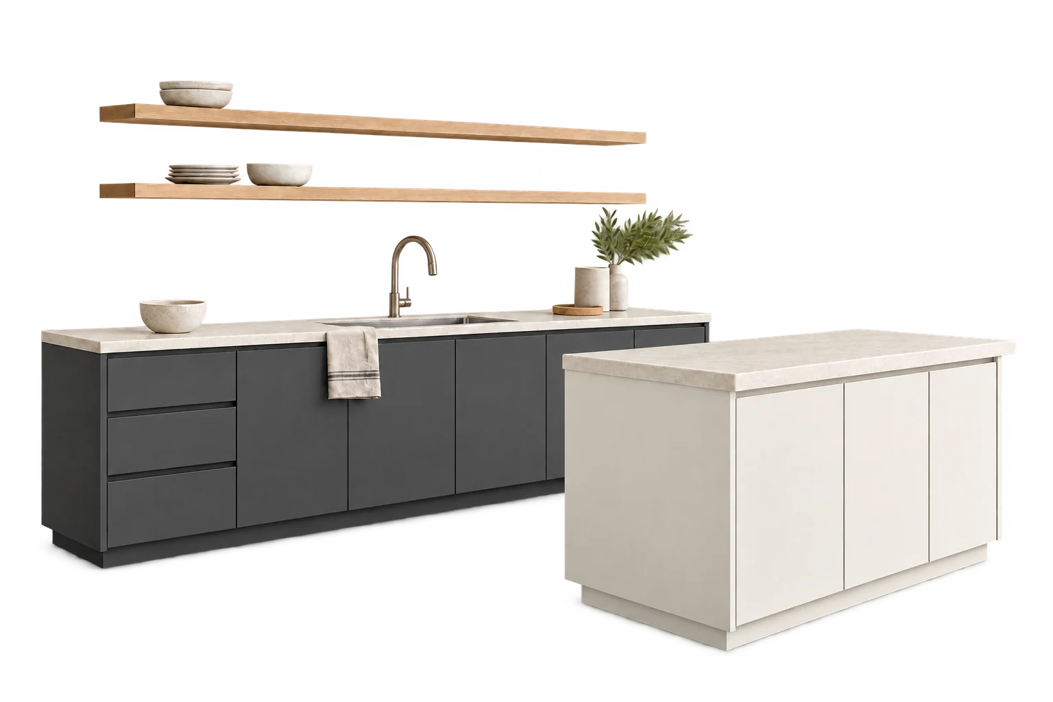 Küche mit anthrazitfarbenen Fronten, heller Insel und Holzdetails als Anwendungsidee.