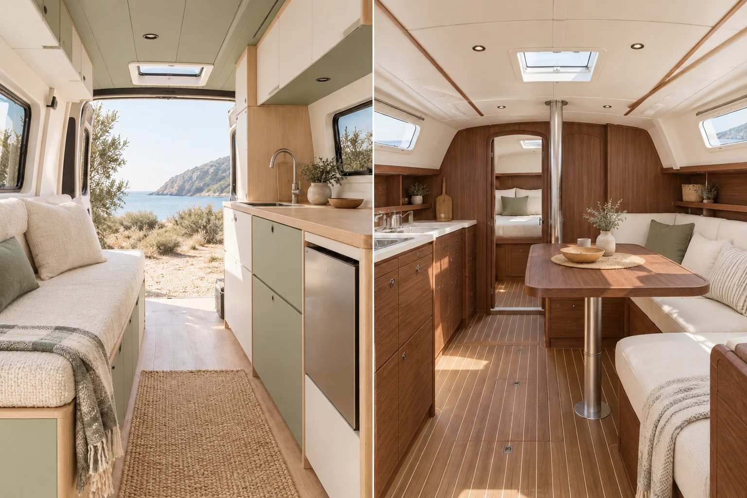 Camper und Bootsausbau mit unterschiedlichen Holzoberflächen als Anwendungsideen.