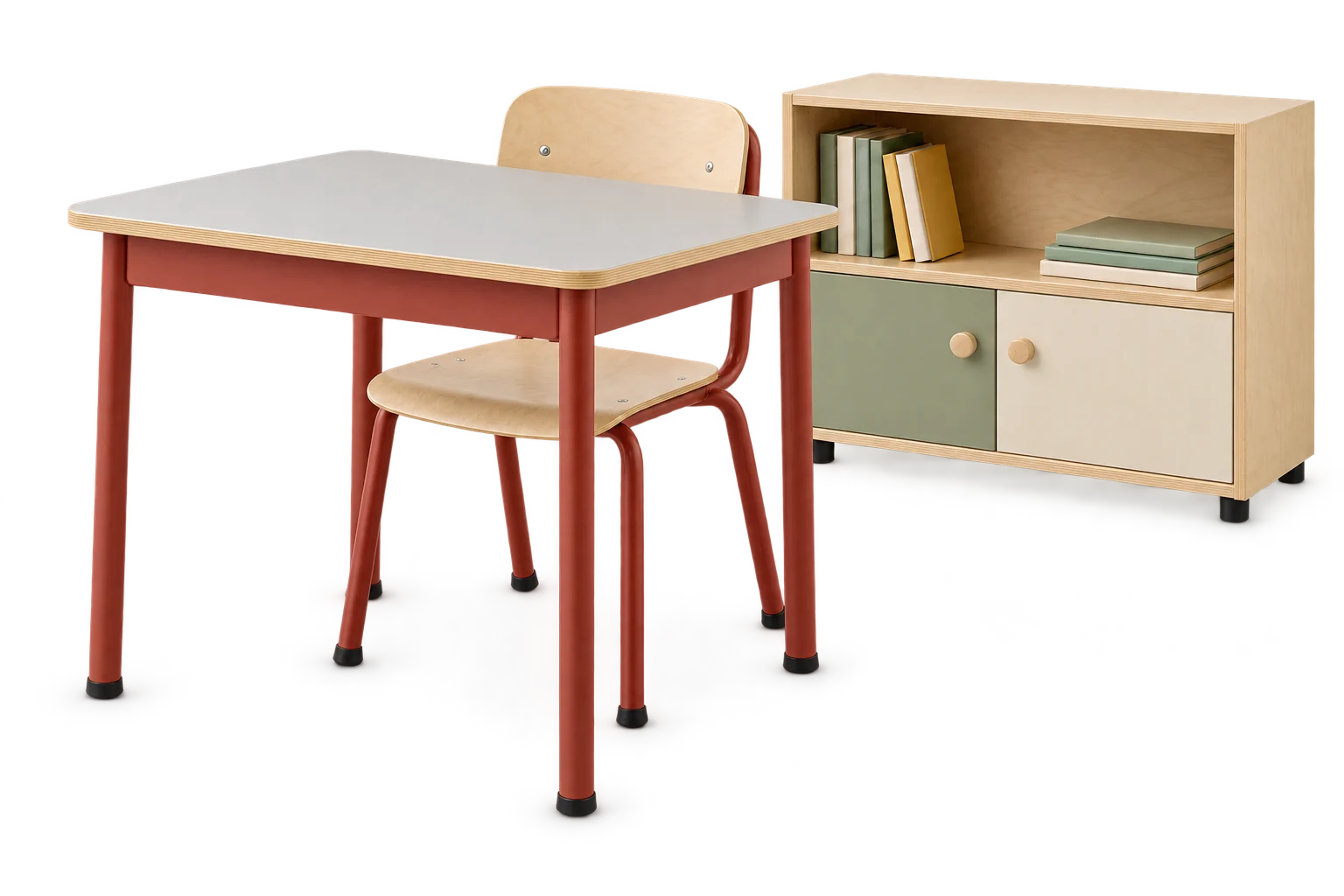 Tisch mit heller Holzoberfläche und rotem Gestell vor Schulregalen als Anwendungsidee.