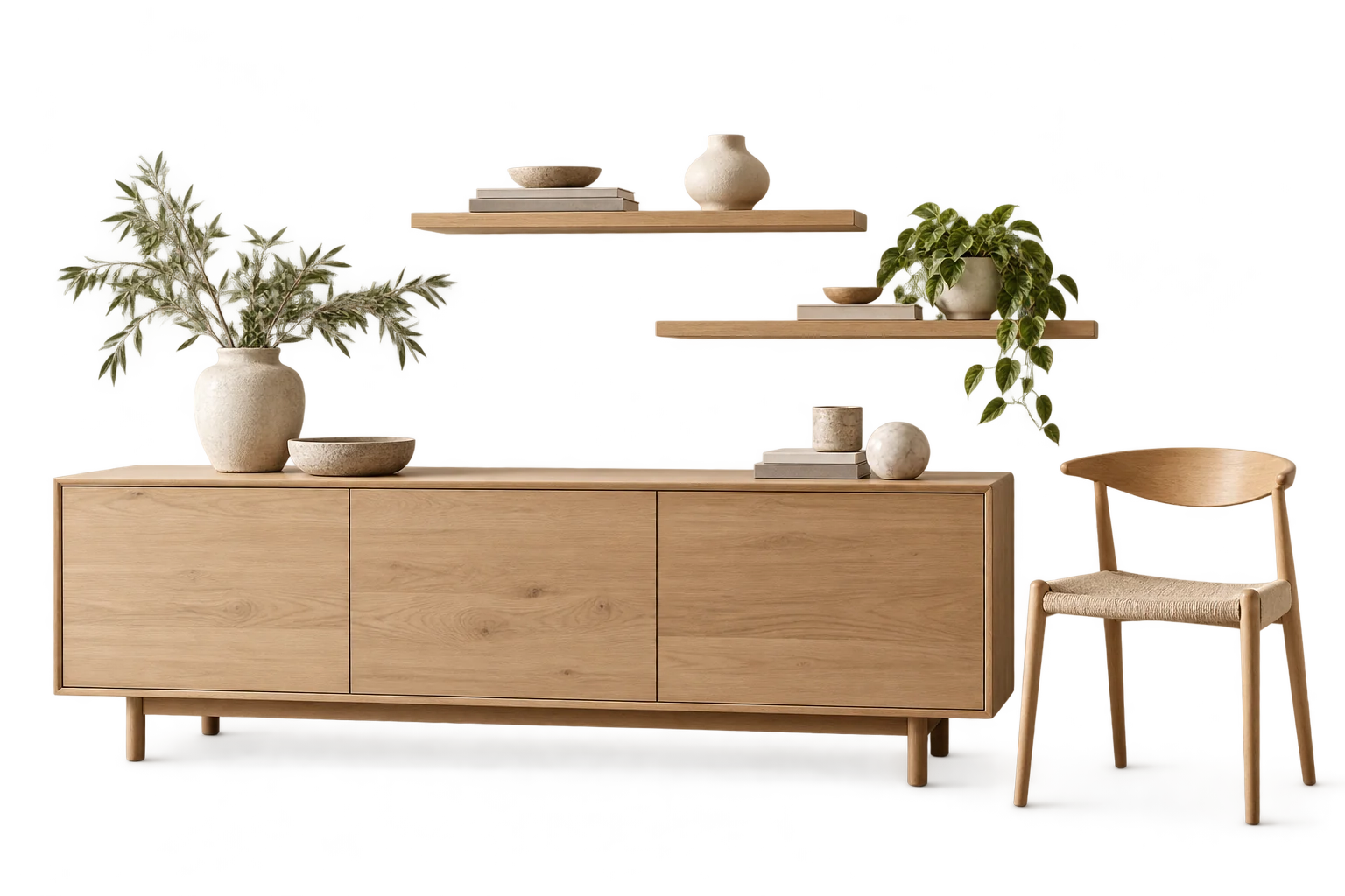 Helle Möbel mit Holzoberflächen, Regal und Sideboard als Anwendungsidee.