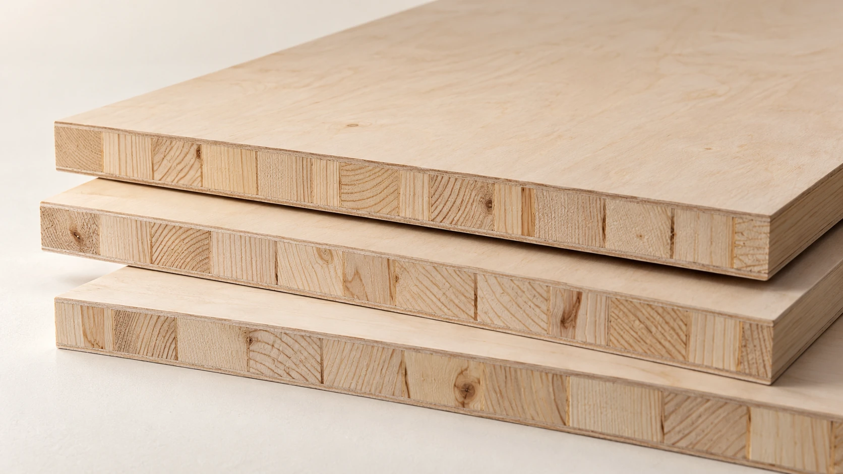 Materialvisualisierung mit drei versetzt liegenden Holzwerkstoffplatten.