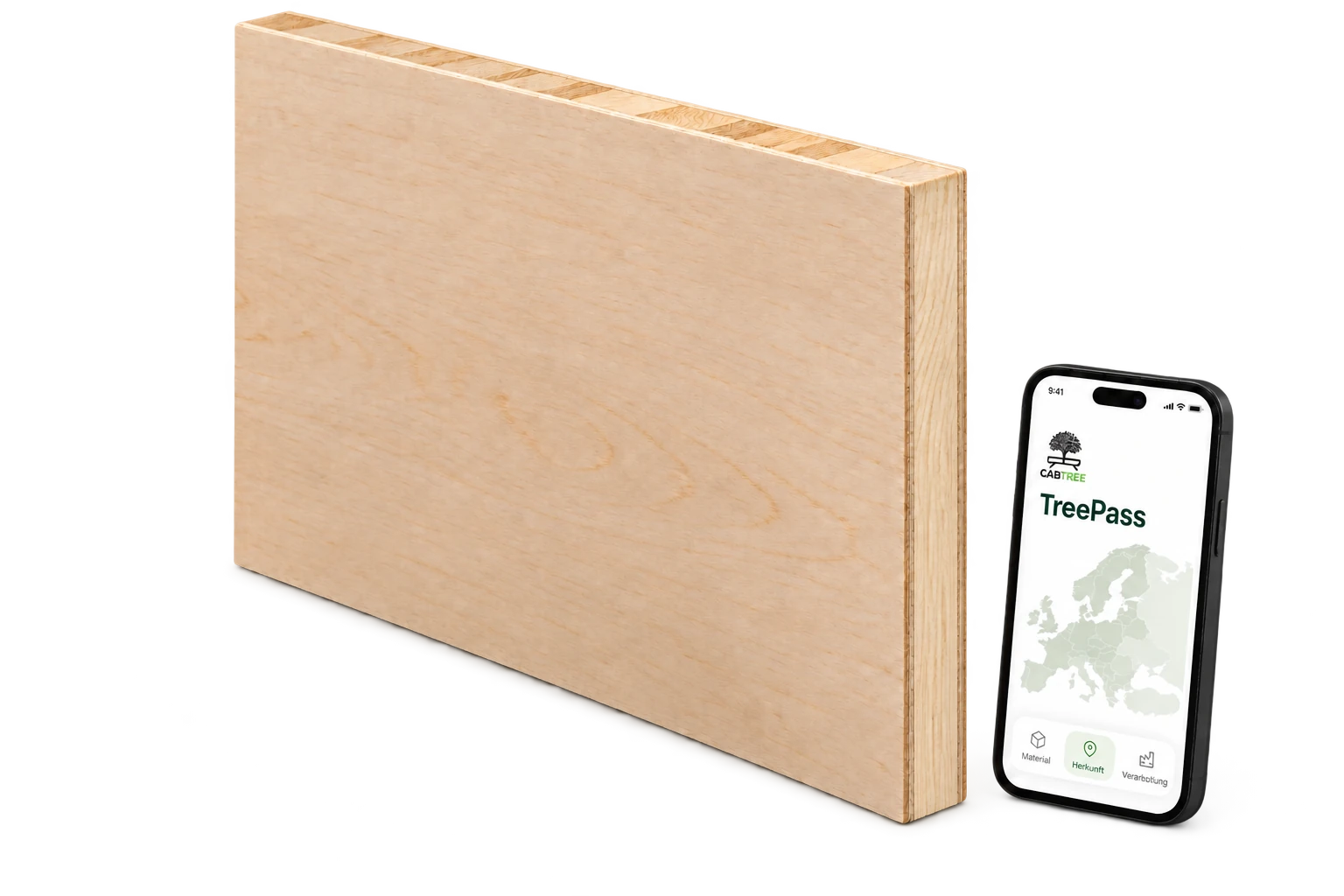 Visualisierung einer Tischlerplatte mit einem Smartphone als Zugang zum digitalen Materialpass.