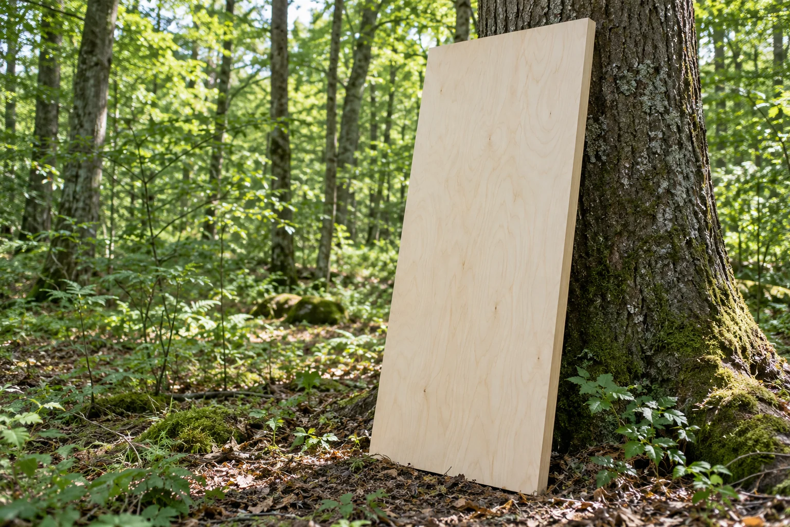 Visualisierung einer großen Holzwerkstoffplatte, die in einem hellen Wald an einem Baum lehnt.